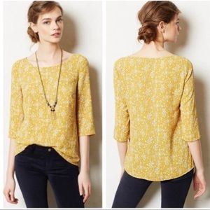 ANTHROPOLOGIE | HD in Paris - gold, white and blue pattered 3/4 sleeve blouse